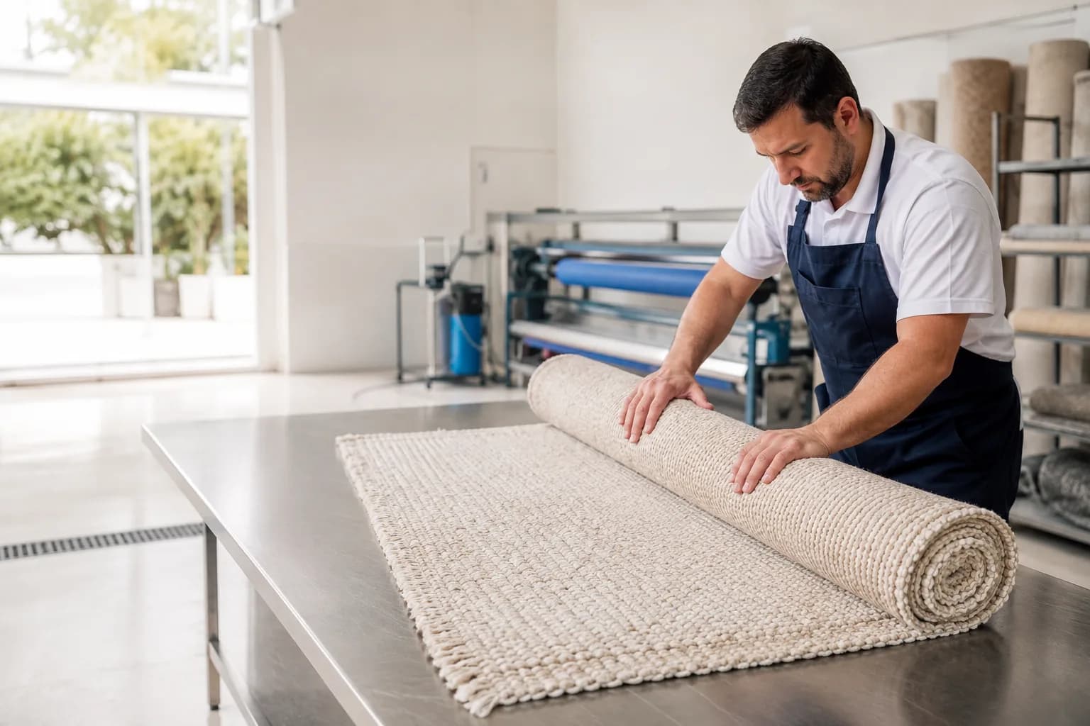 Profissional preparando um tapete para higienização em ambiente especializado